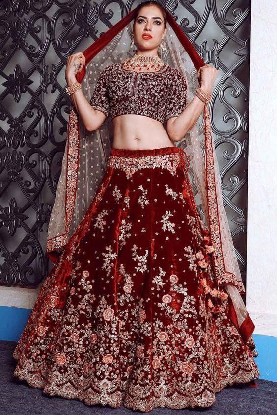 Red Lehenga Choli In Velvet With Embroidery Work