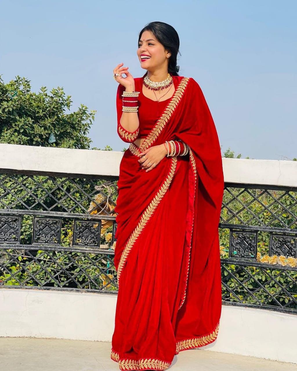 Red Saree In 9000 Velvet With Sequence Dori Embroidery Work