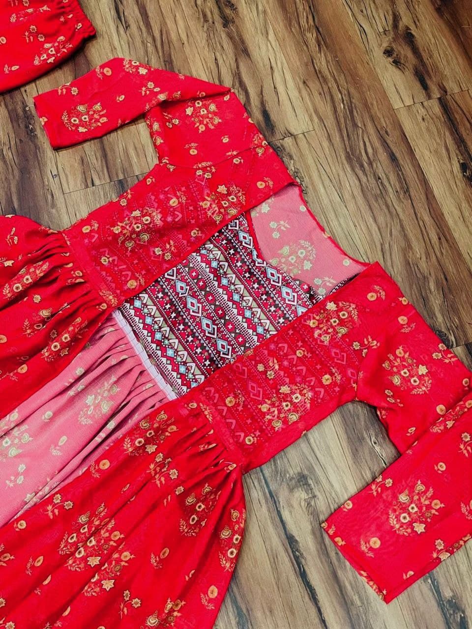 Red Sharara Suit In Benglori Silk With Digital Print