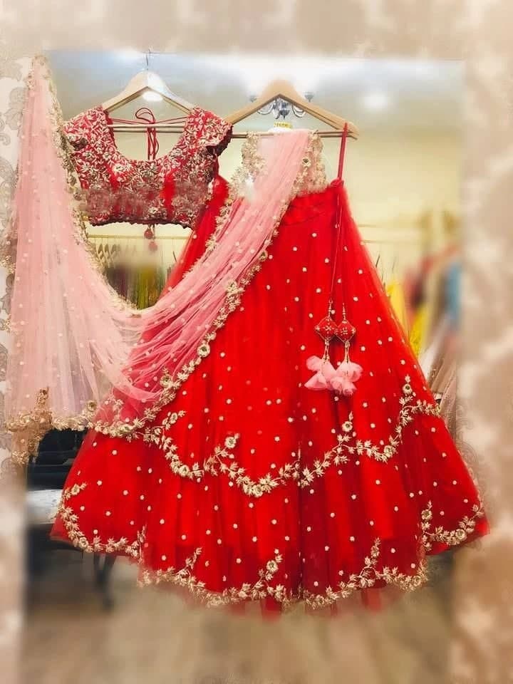 Red Lehenga Choli In Butterfly Mono Net With Badla Zari Work