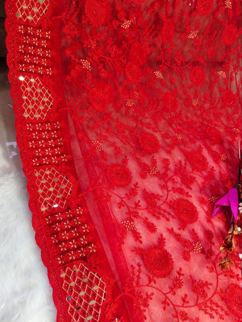 Red Butterfly Mono Net Diamond Work Saree