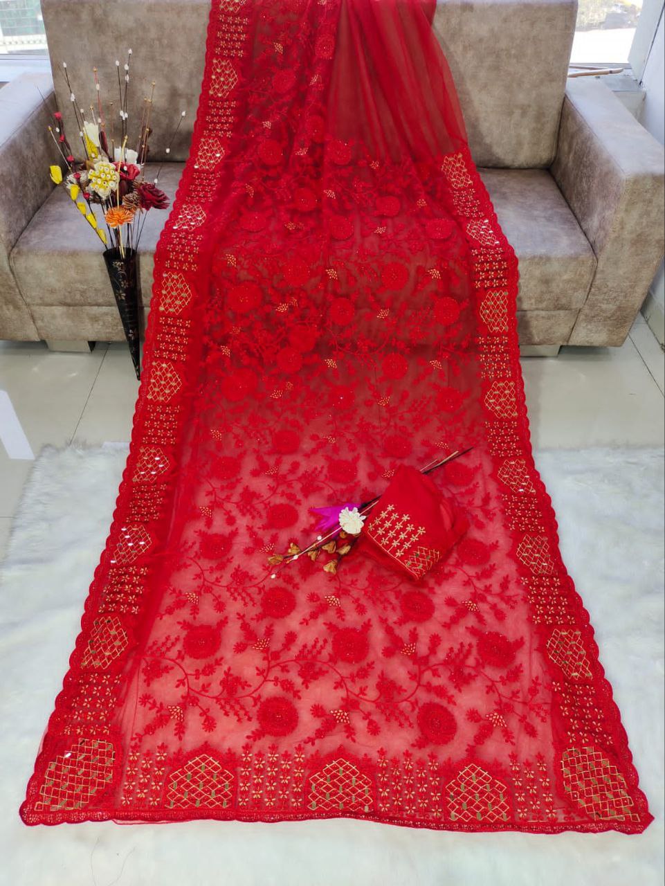 Red Butterfly Mono Net Diamond Work Saree