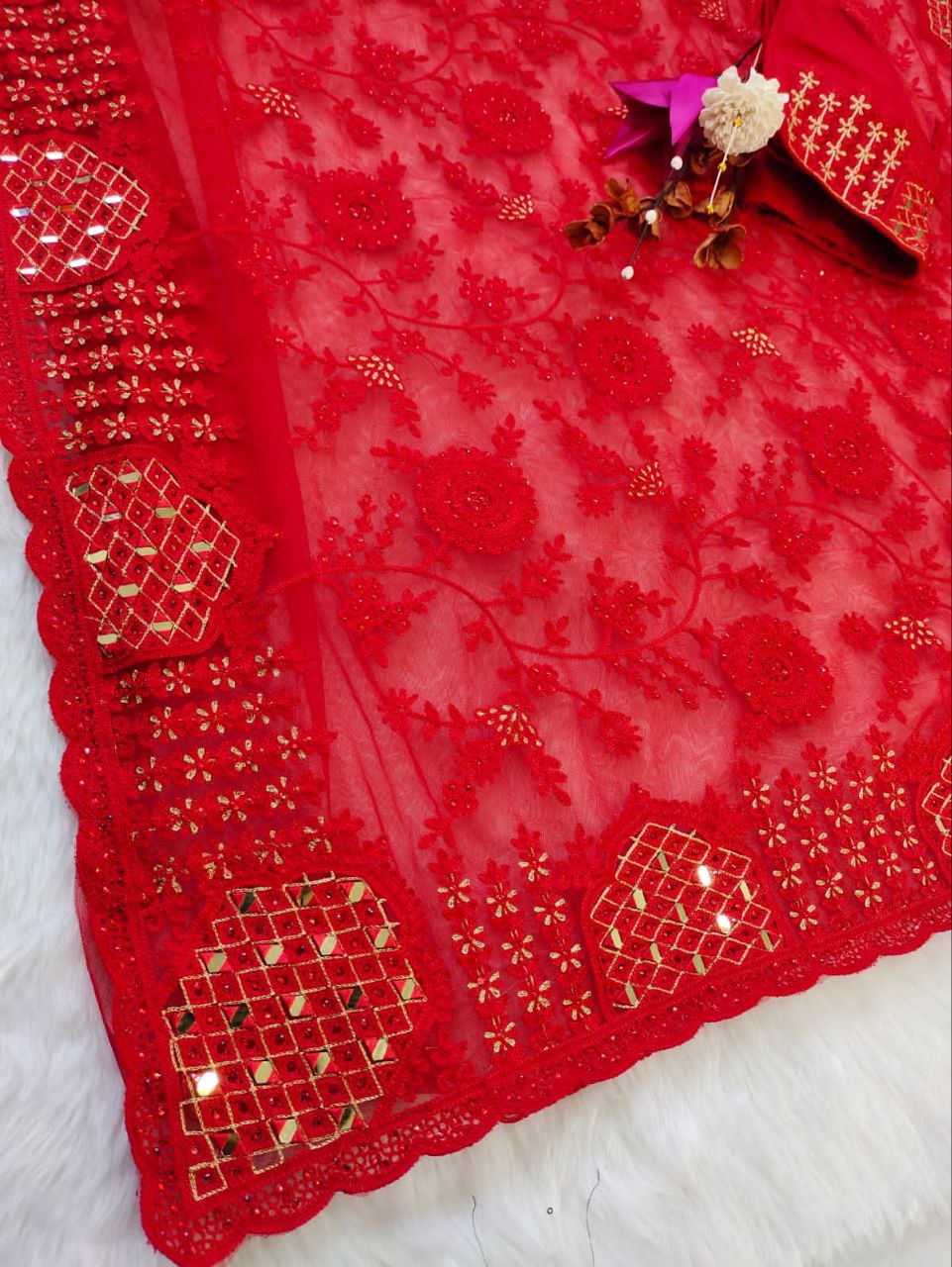 Red Butterfly Mono Net Diamond Work Saree