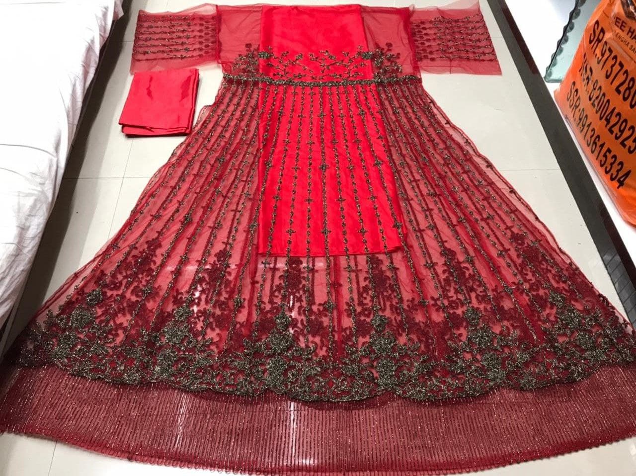 Red Gown In Butterfly Mono Net With Embroidery Work