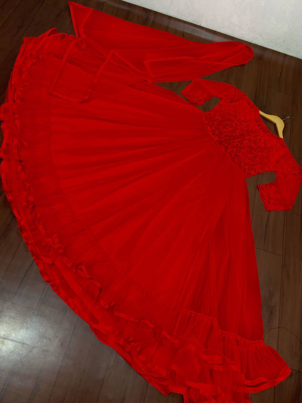 Red Gown In Butterfly Mono Net With Embroidery Work