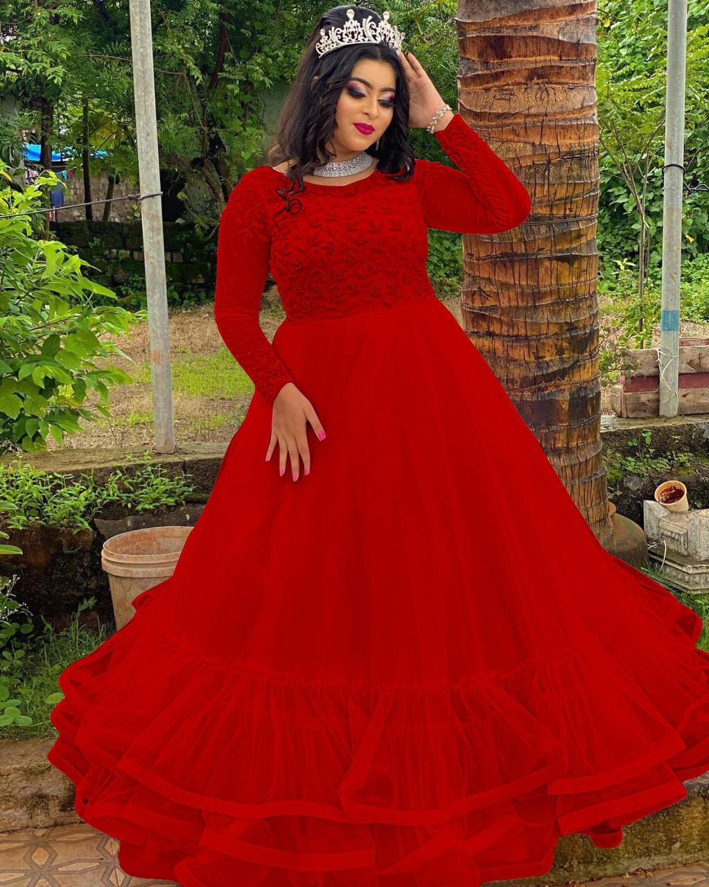 Red Gown In Butterfly Mono Net With Embroidery Work