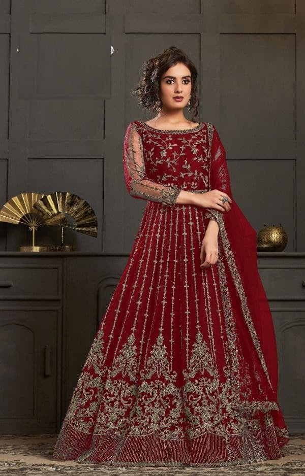 Red Gown In Butterfly Mono Net With Embroidery Work