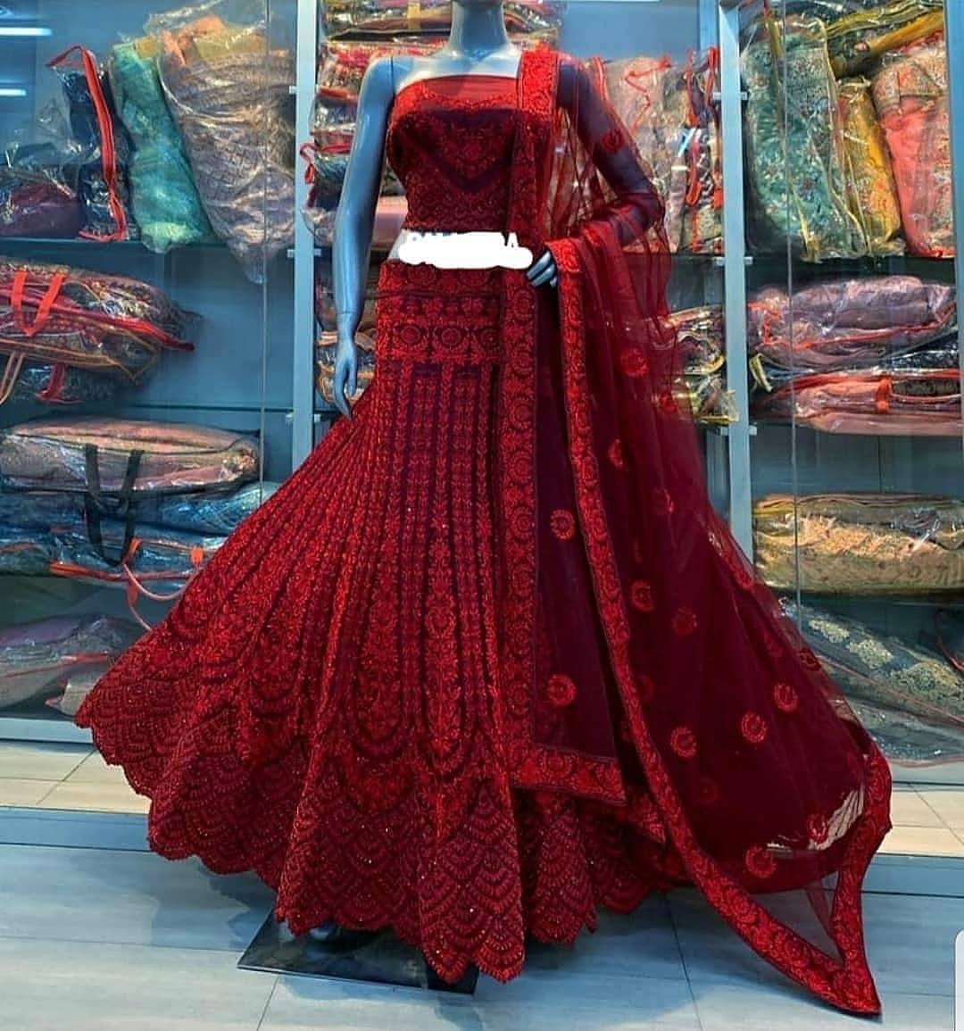 Red Lehenga Choli In Butterfly Mono Net With Embroidery Work