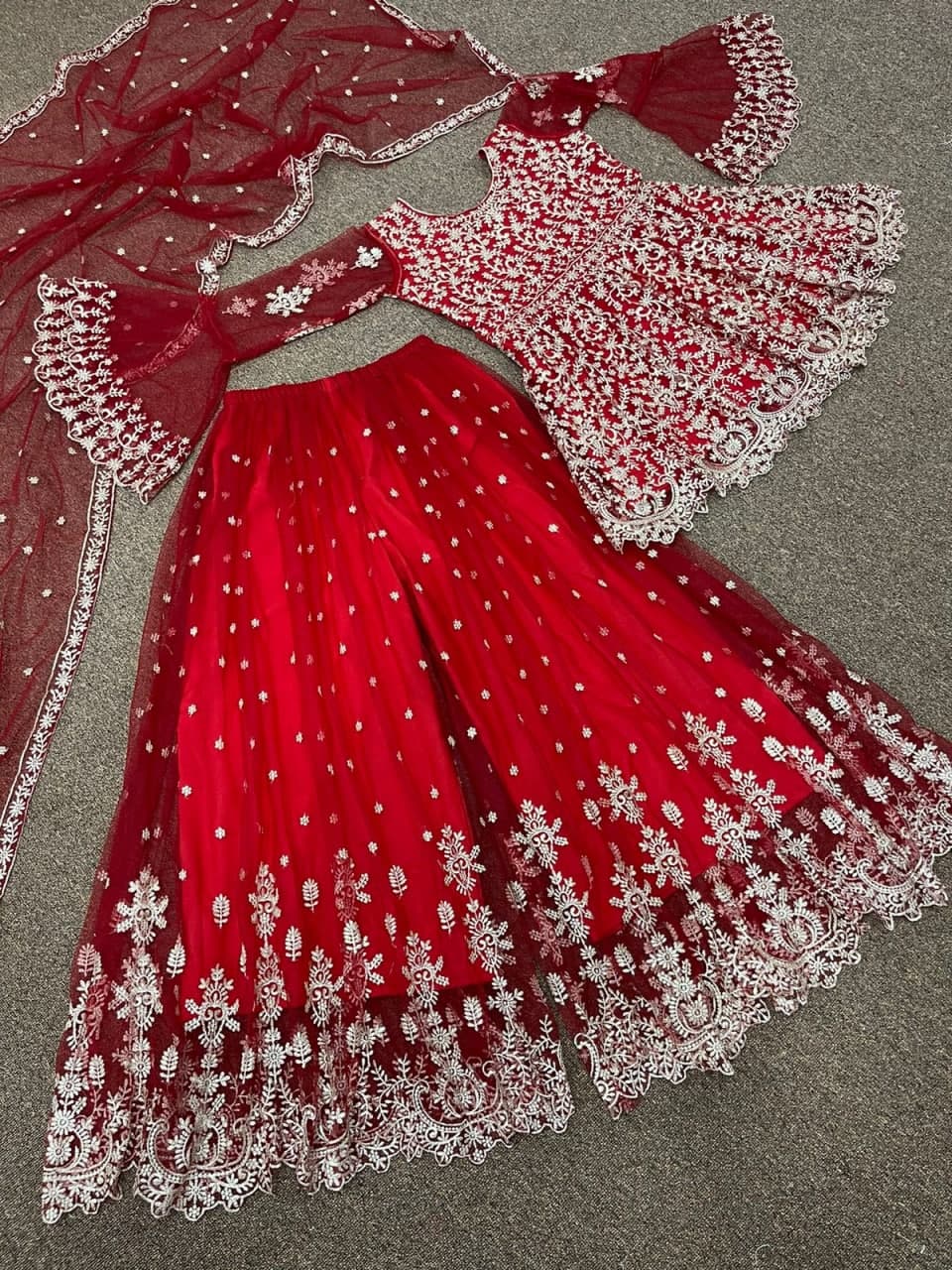 Red Sharara Suit In Butterfly Mono Net With Embroidery Work