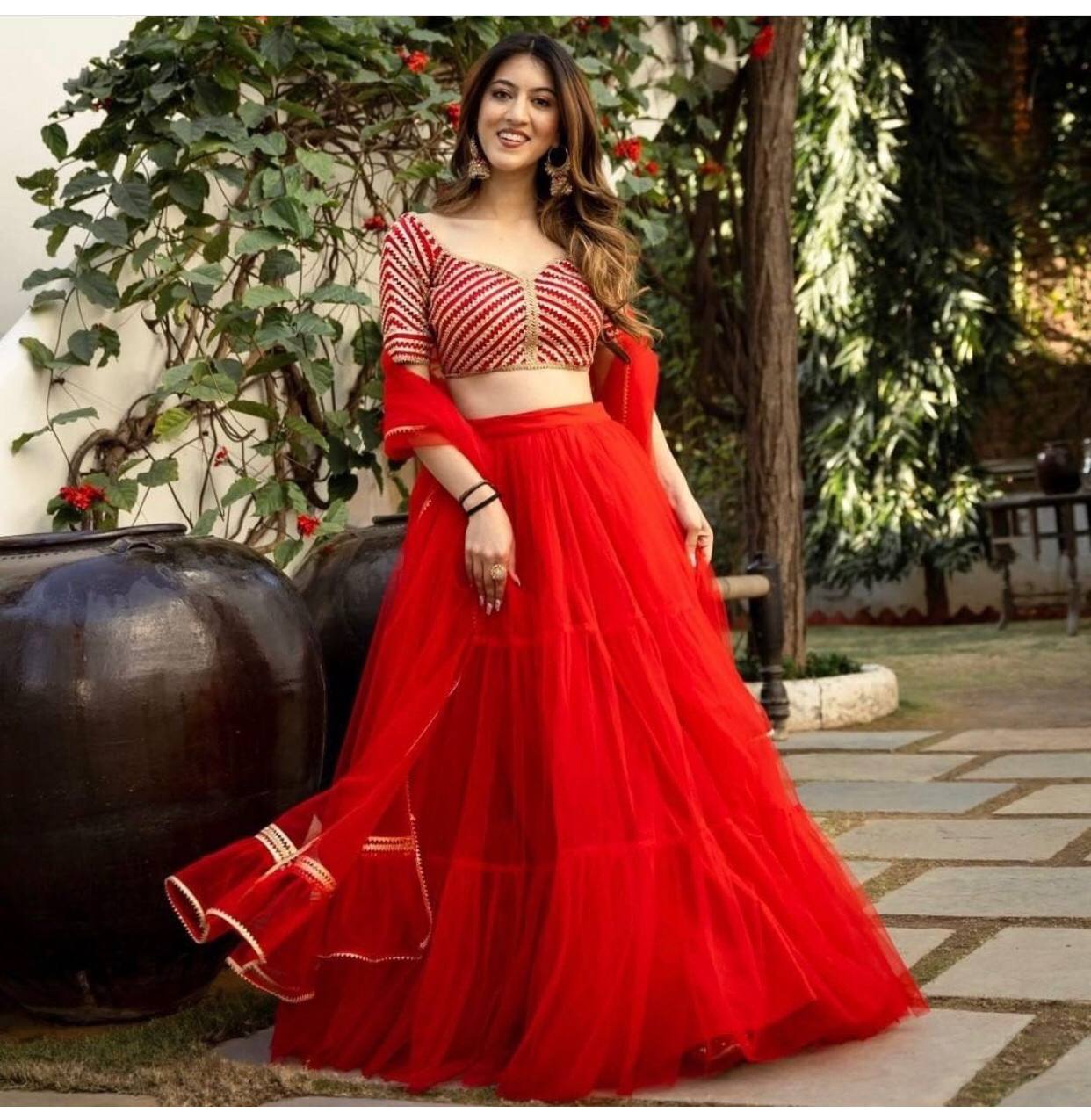 Red Lehenga Choli In Butterfly Mono Net With Ruffles