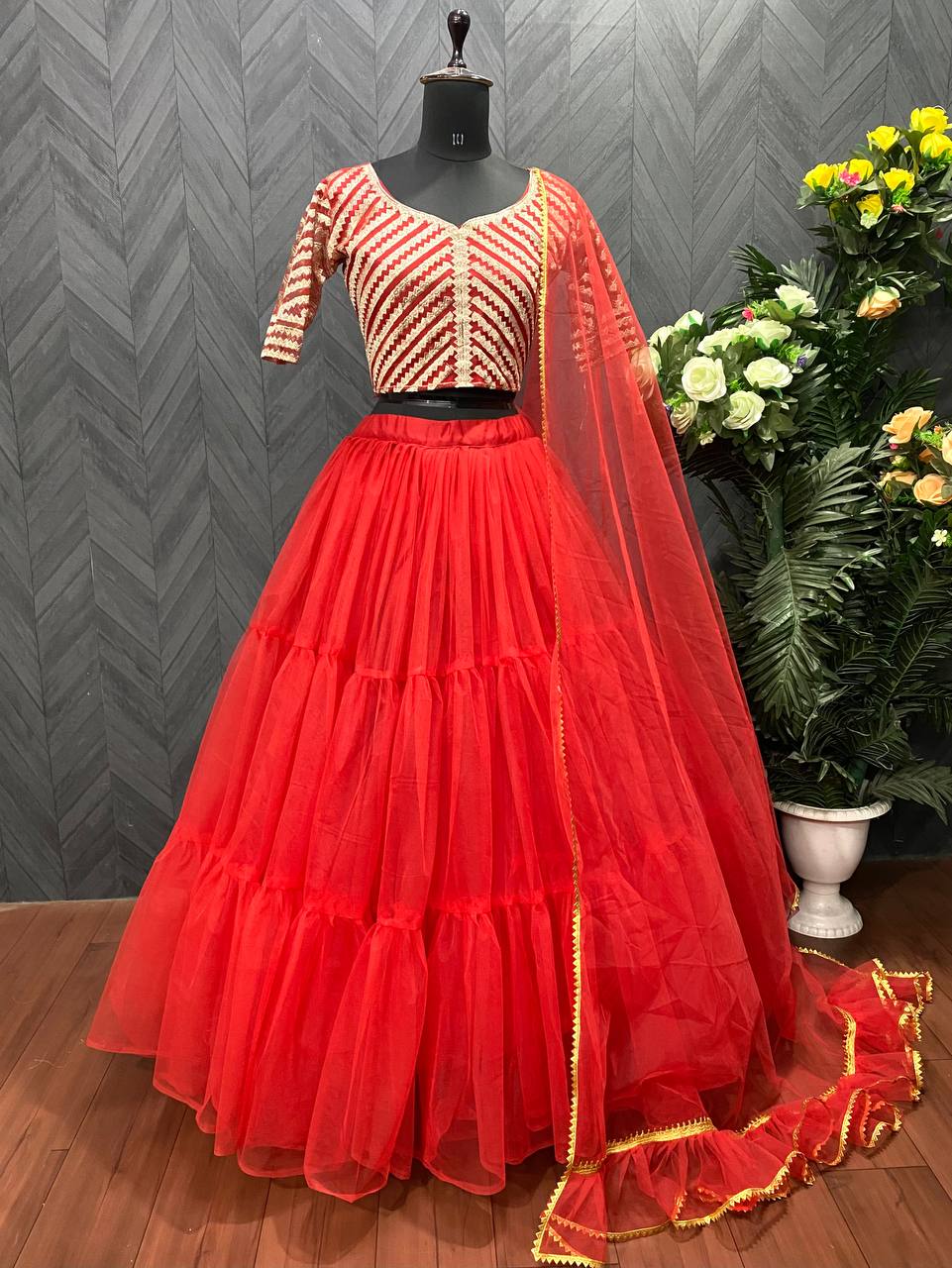 Red Lehenga Choli In Butterfly Mono Net With Ruffles