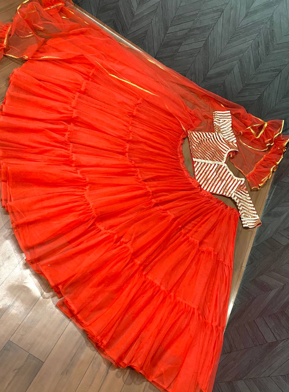 Red Lehenga Choli In Butterfly Mono Net With Ruffles