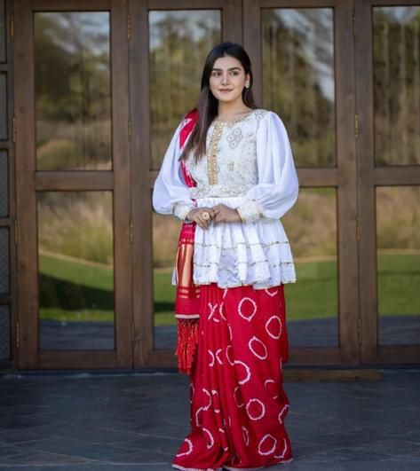 Red Saree In Chiffon With Digital Print