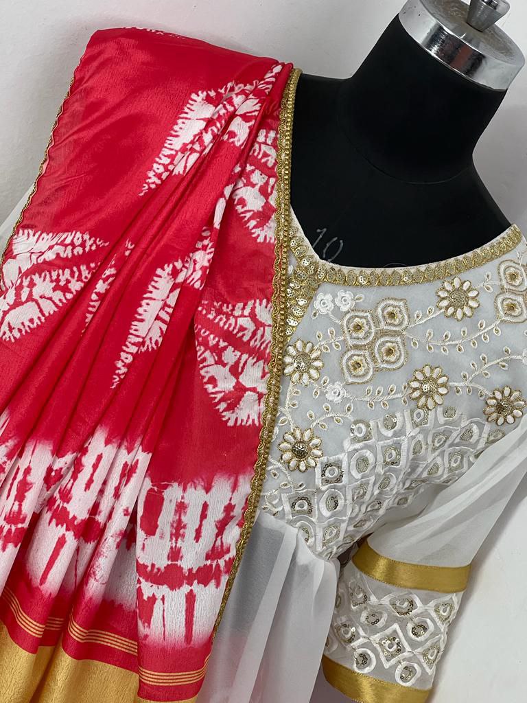 Red Saree In Chiffon With Digital Print