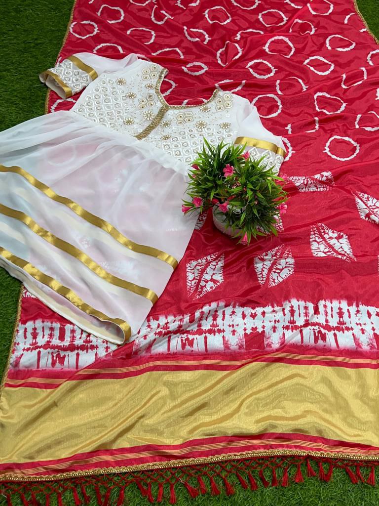 Red Saree In Chiffon With Digital Print