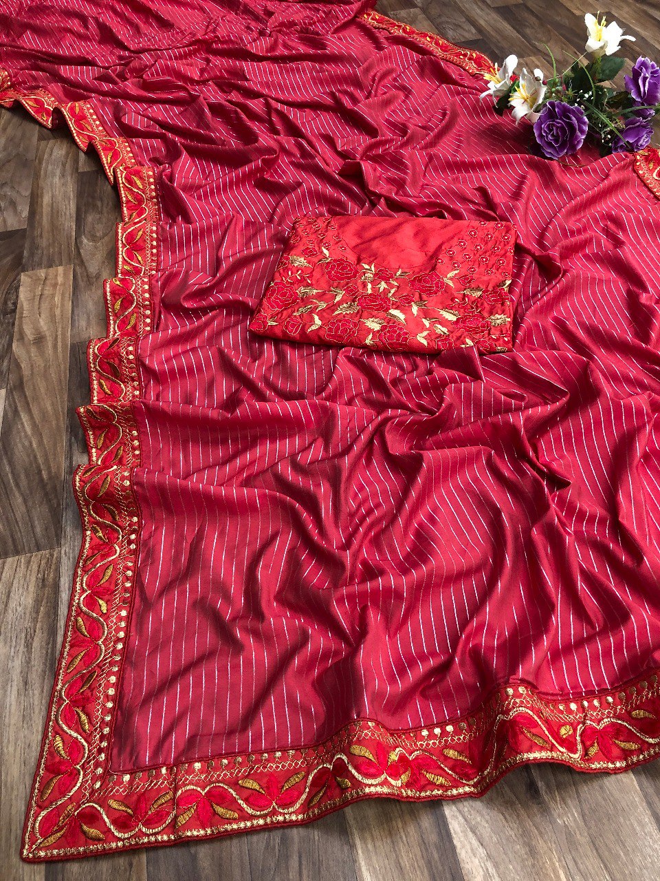 Red Saree In Cotton Silk With Thread Work