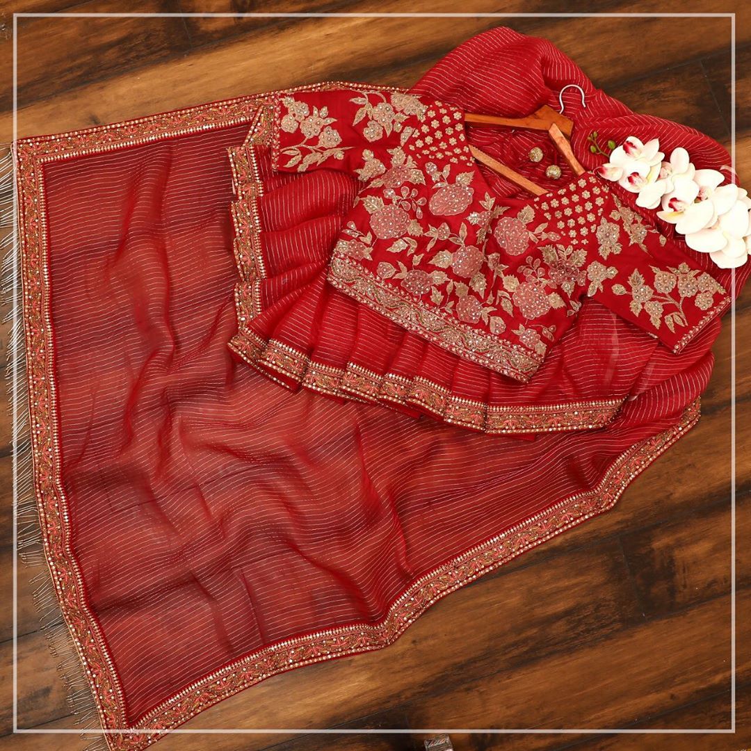 Red Saree In Cotton Silk With Thread Work