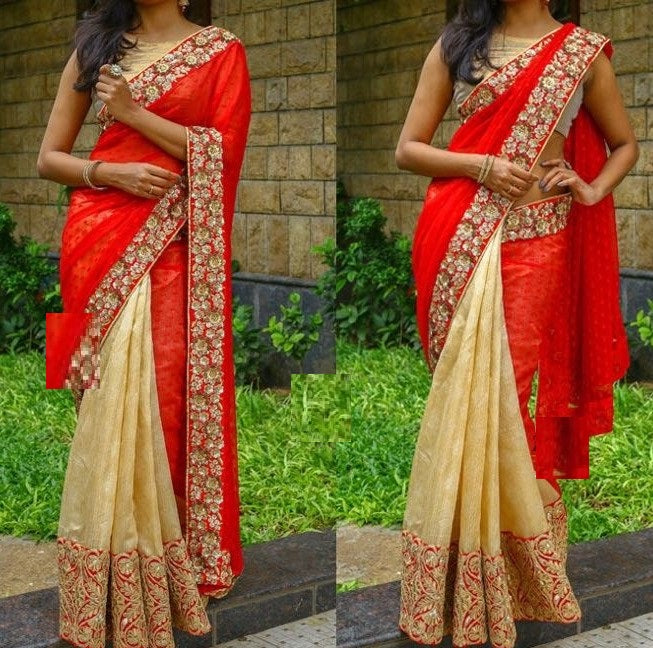 Red Cream Saree In Georgette With Fancy Thread Work