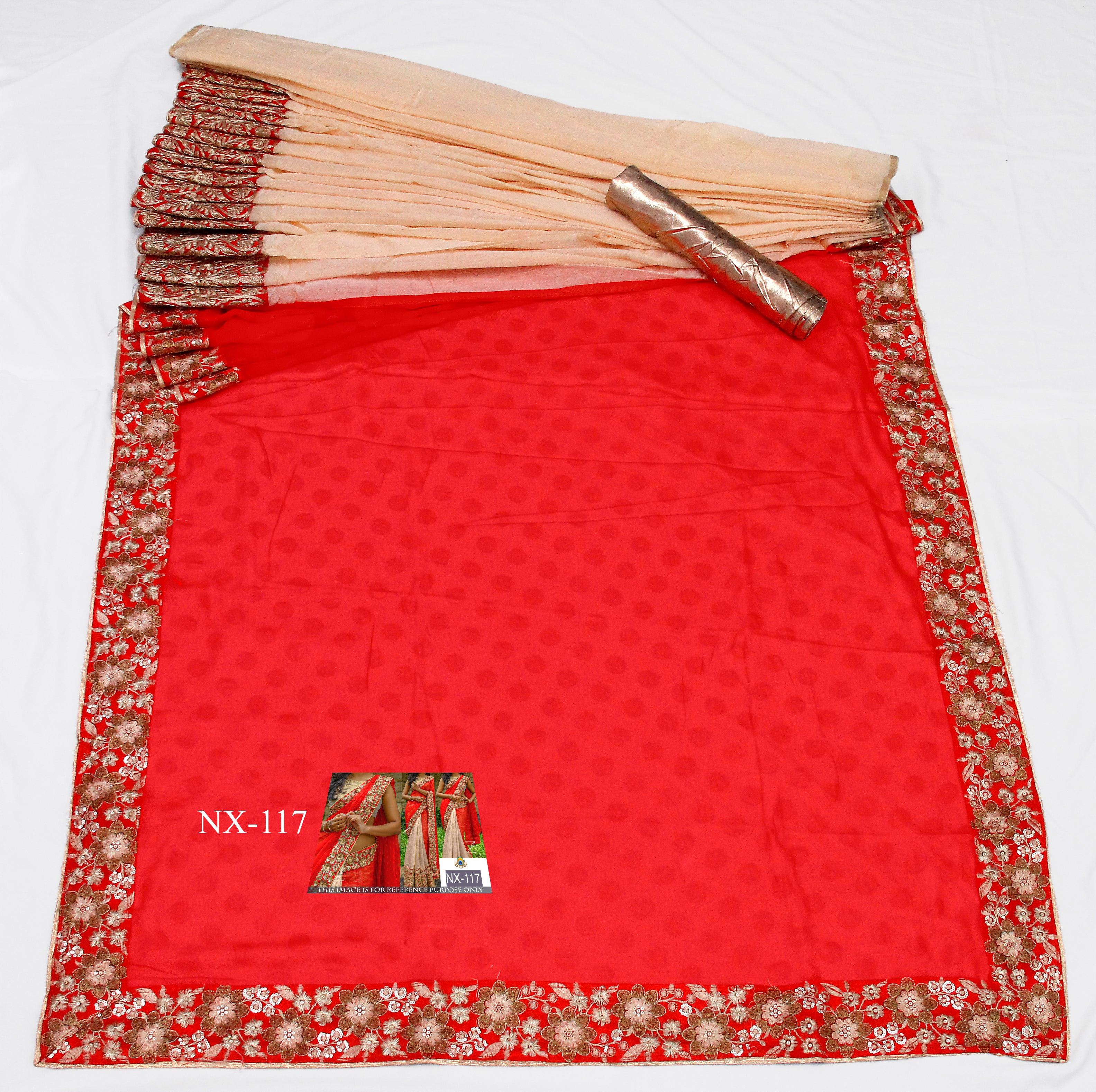 Red Cream Saree In Georgette With Fancy Thread Work