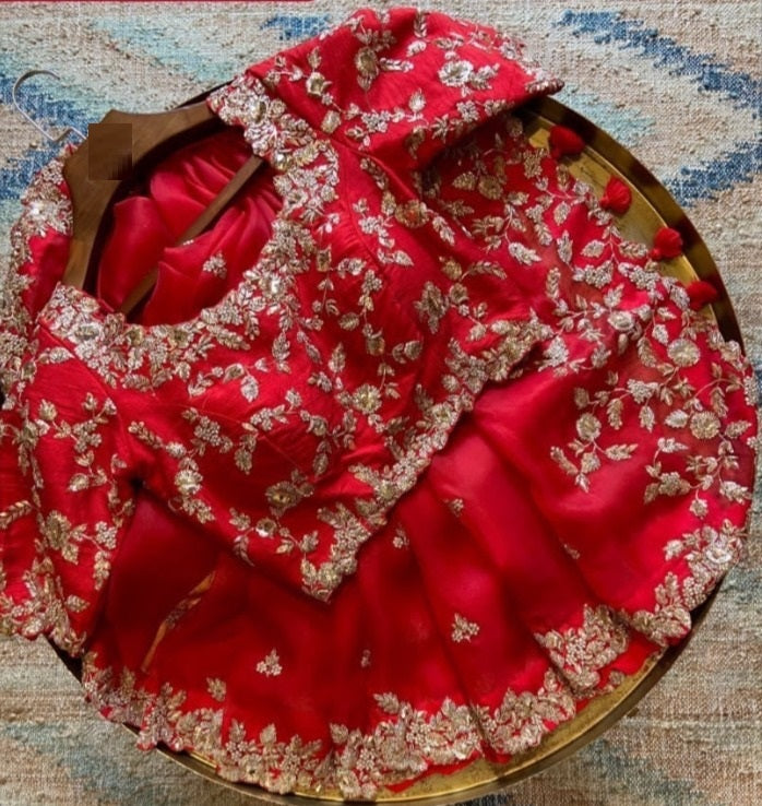 Red Saree In Dola Silk With Fancy Thread Work