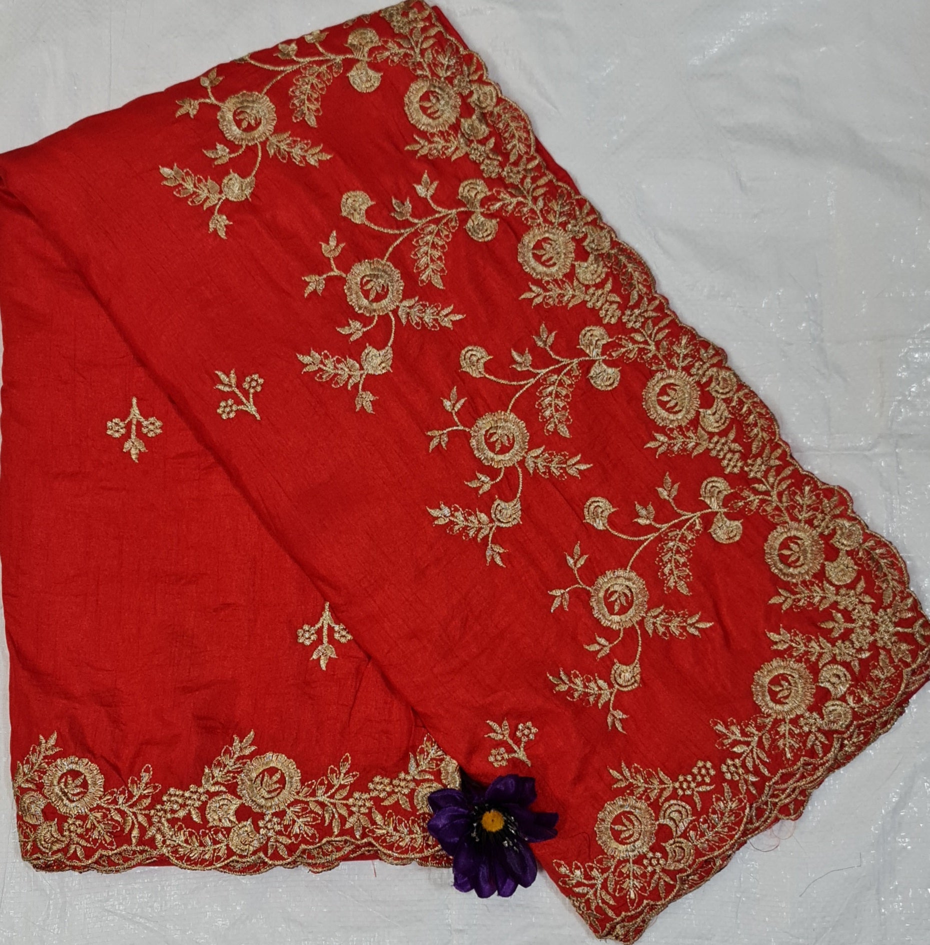 Red Saree In Dola Silk With Fancy Thread Work