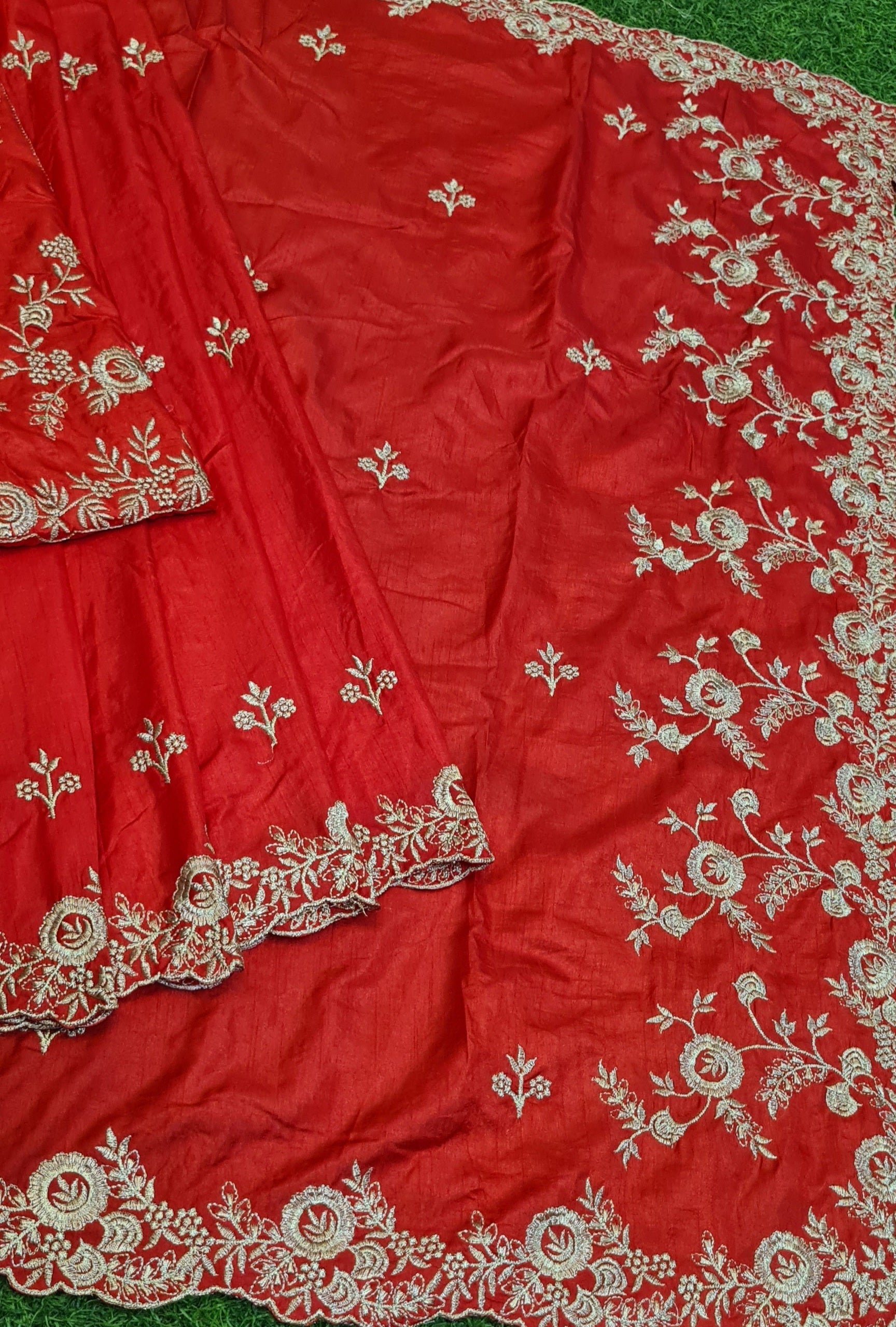 Red Saree In Dola Silk With Fancy Thread Work