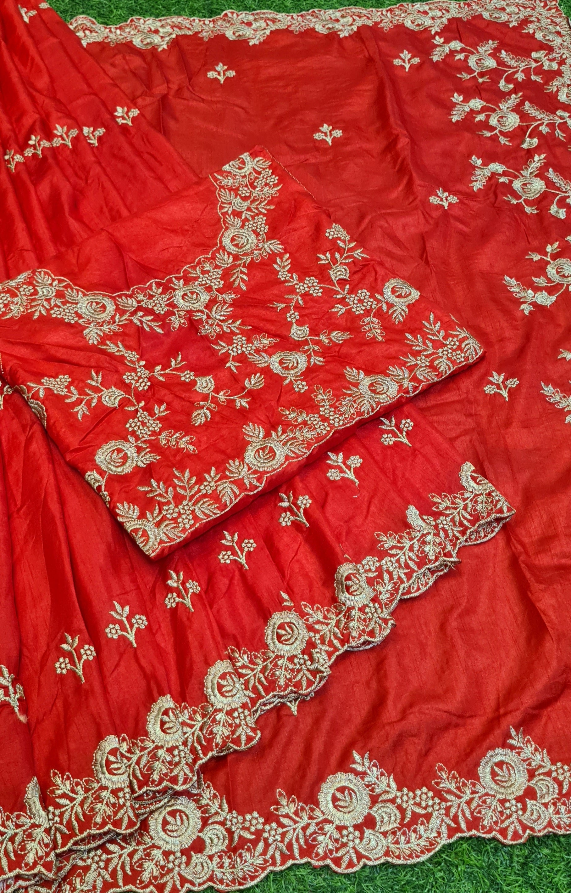 Red Saree In Dola Silk With Fancy Thread Work