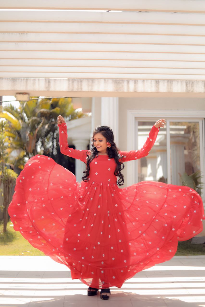 Red Faux Georgette Embroidery Work Gown