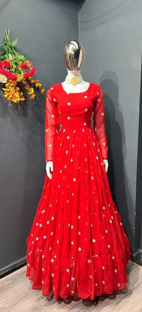 Red Faux Georgette Embroidery Work Gown