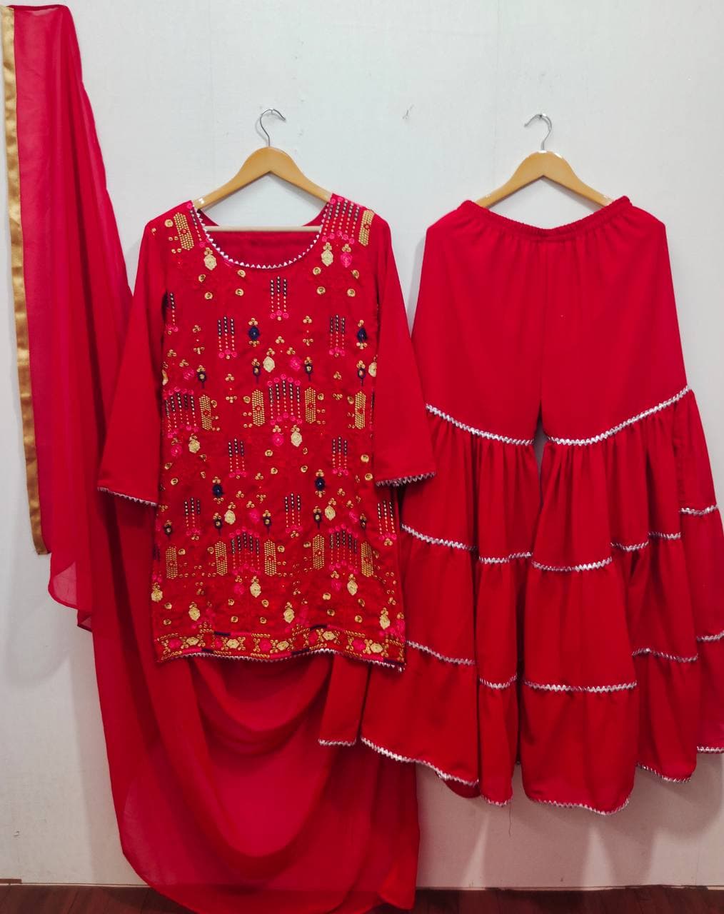 Red Salwar Suit In Faux Georgette With Embroidery Work