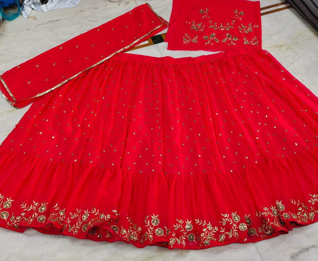 Red Lehenga Choli In Fox Blooming Georgette With Sequence Work