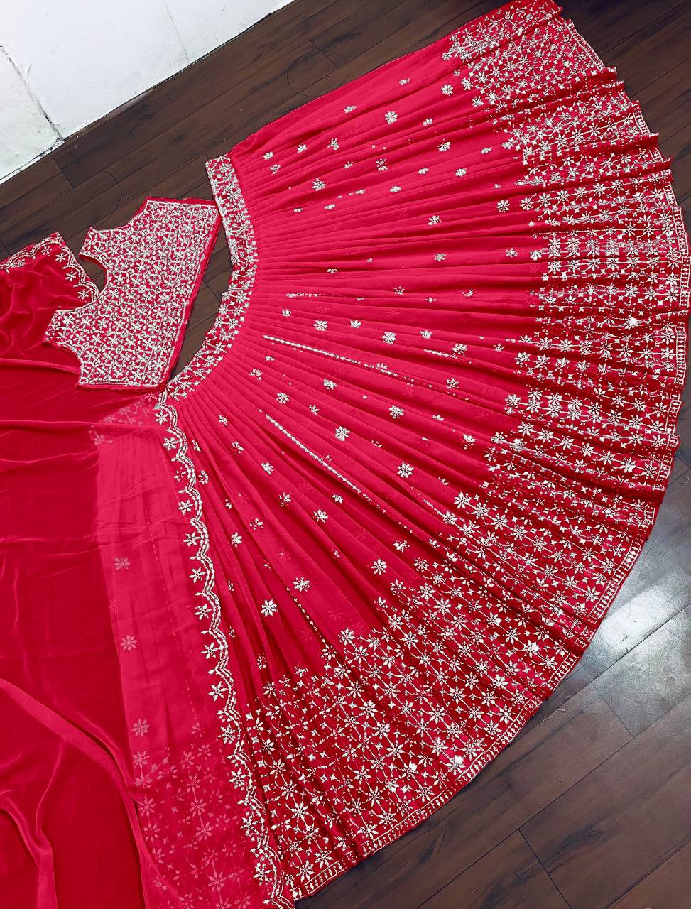 Red Lehenga Choli In Fox Georgette With 5 MM Sequence Work