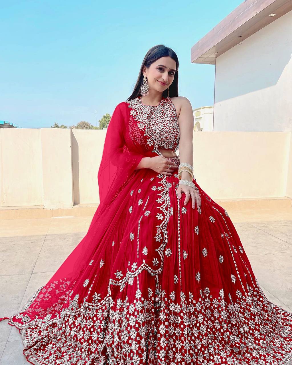 Red Lehenga Choli In Fox Georgette With 5 MM Sequence Work