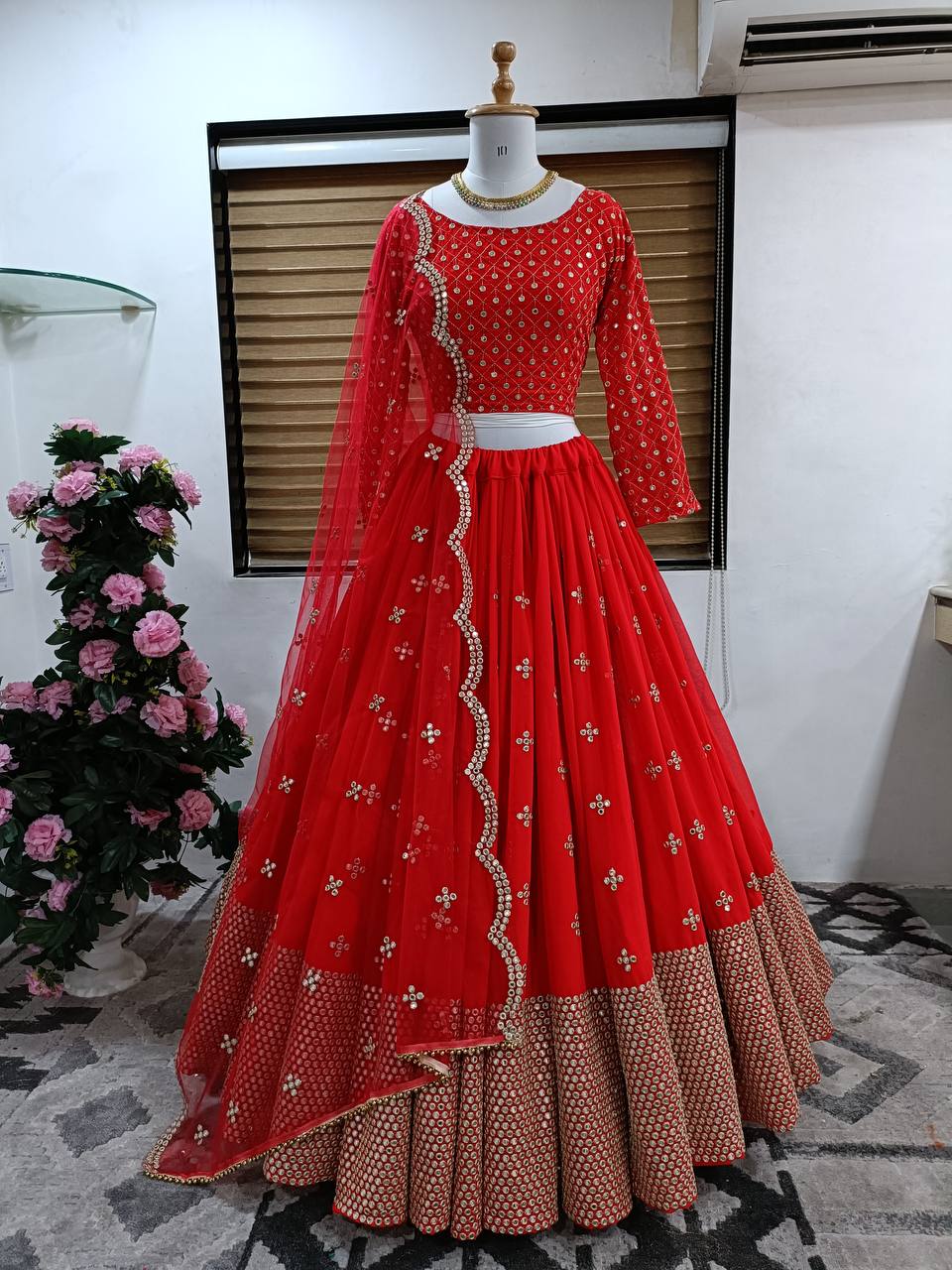 Red Lehenga Choli In Fox Georgette With 9 MM Embroidery Work