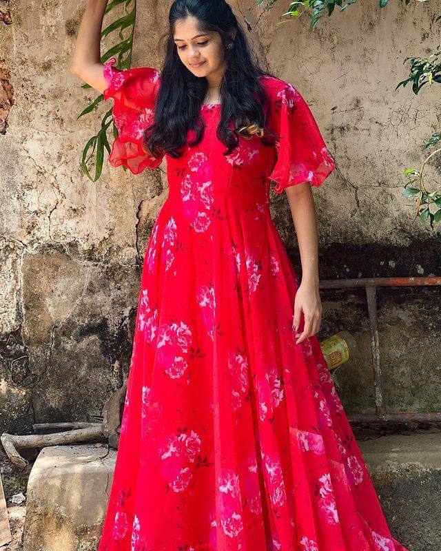 Red Gown In Fox Georgette With Digital Print