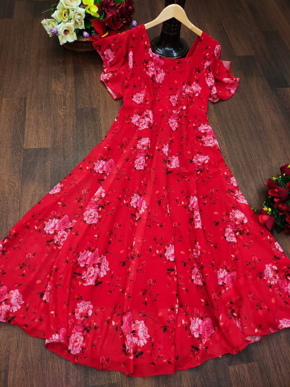 Red Gown In Fox Georgette With Digital Print