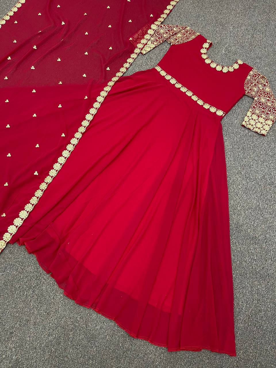 Red Anarkali Suit In Fox Georgette With Embroidery Work