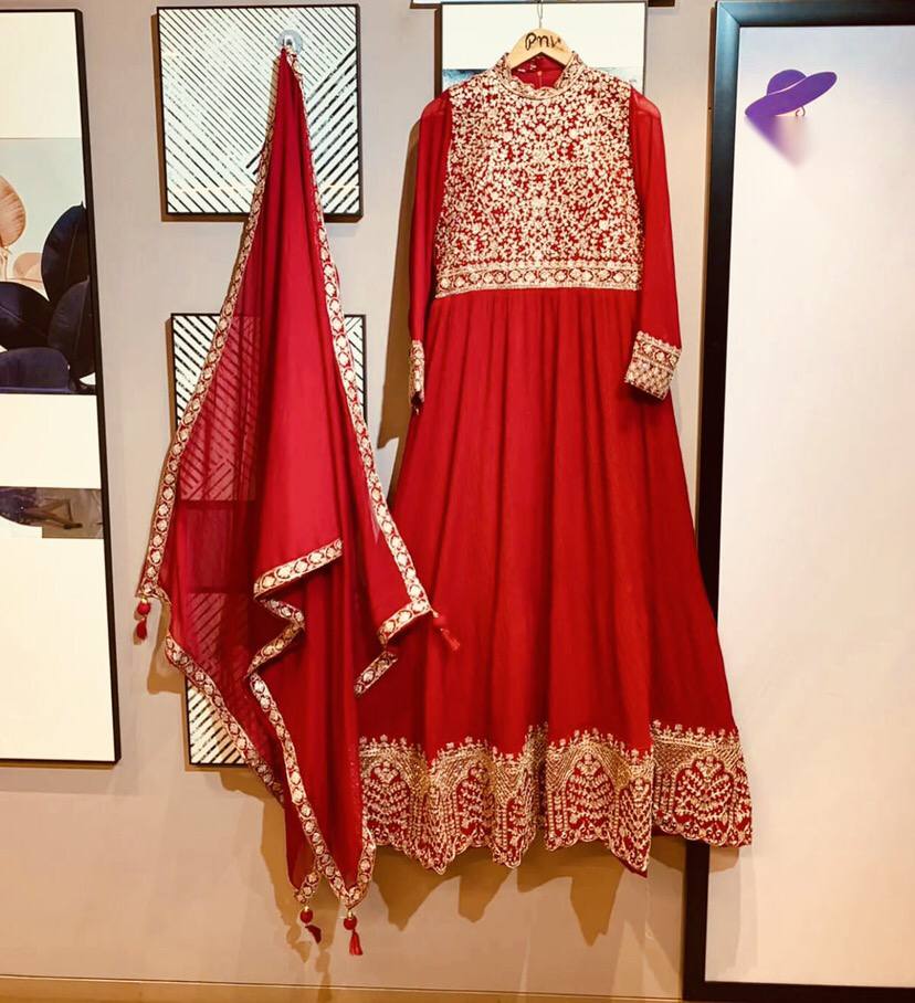 Red Anarkali Suit In Fox Georgette With Embroidery Work