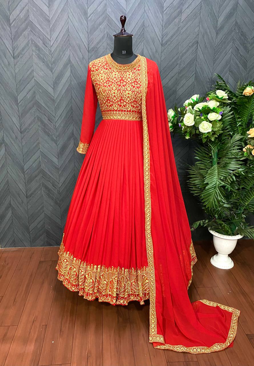 Red Anarkali Suit In Fox Georgette With Embroidery Work