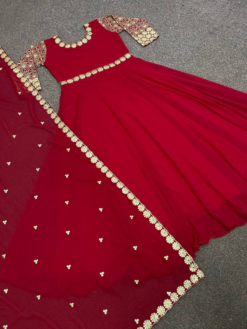 Red Anarkali Suit In Fox Georgette With Embroidery Work