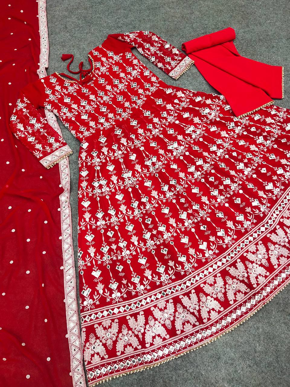 Red Anarkali Suit In Fox Georgette With Embroidery Work