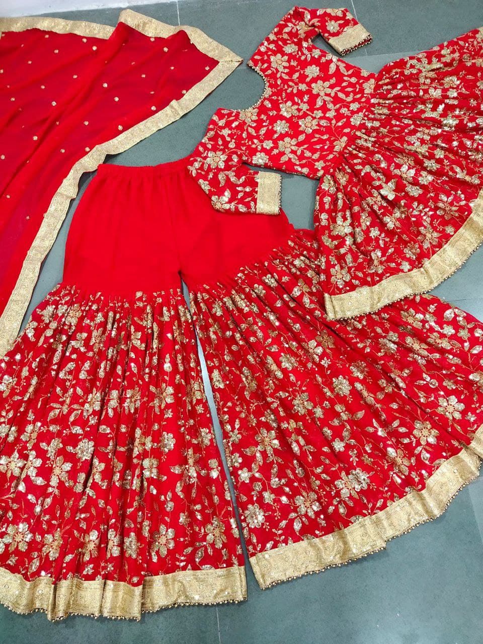 Red Sharara Suit In Fox Georgette With Embroidery Work