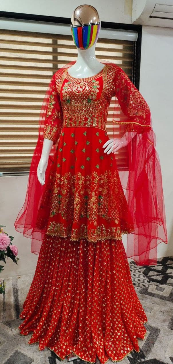 Red Salwar Suit In Fox Georgette With Embroidery Work
