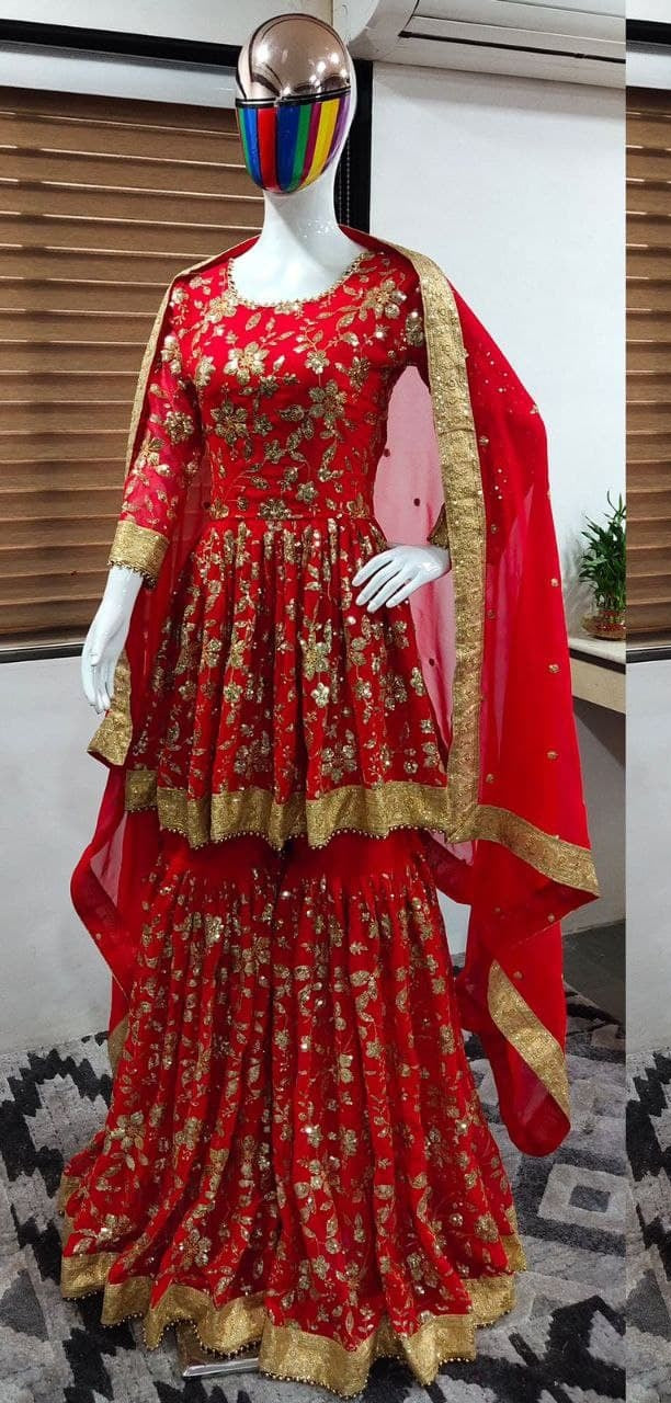 Red Sharara Suit In Fox Georgette With Embroidery Work