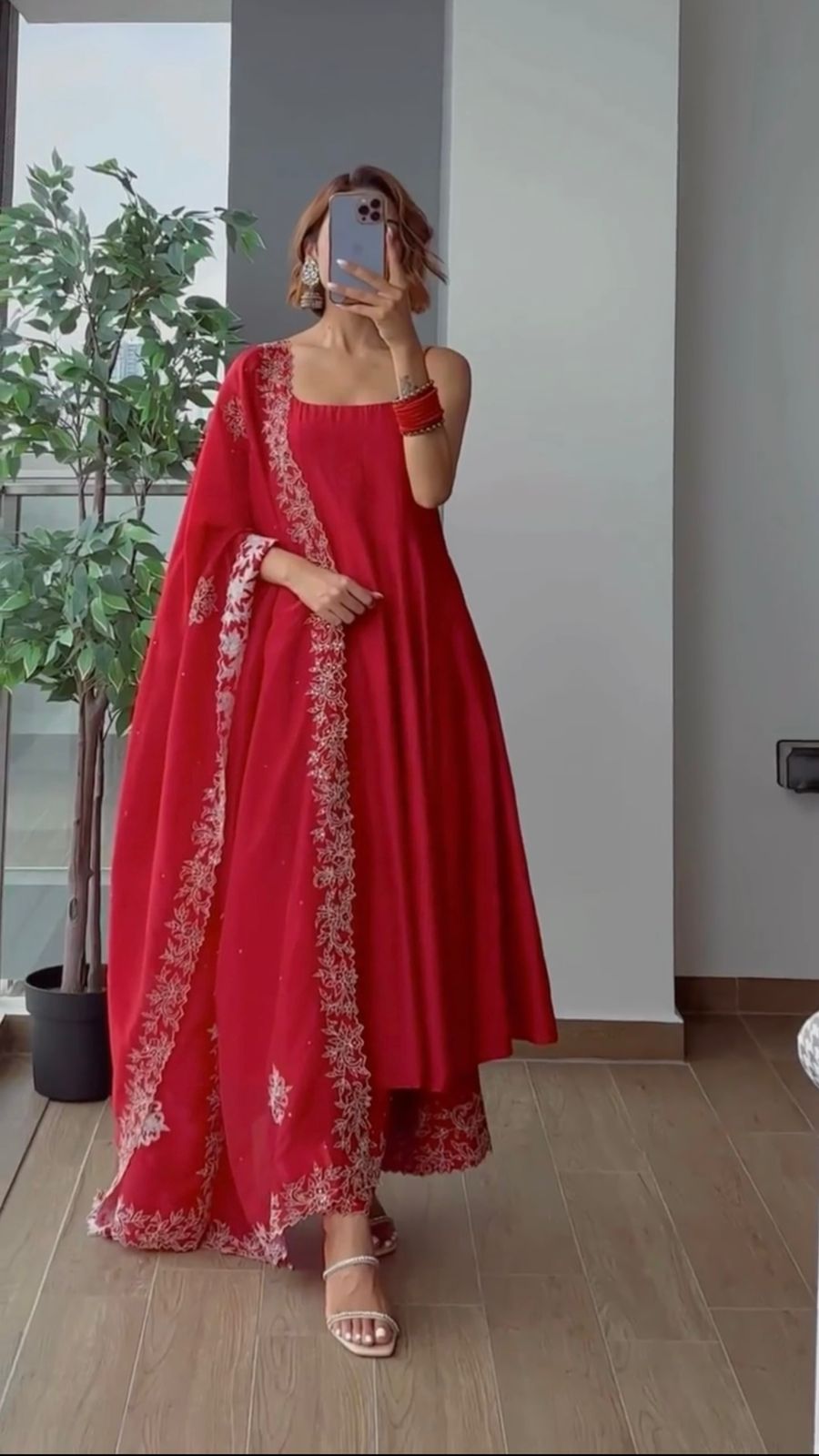 Festival Wear Red Banarasi Silk Floor Length Anarkali Suit – Lady India