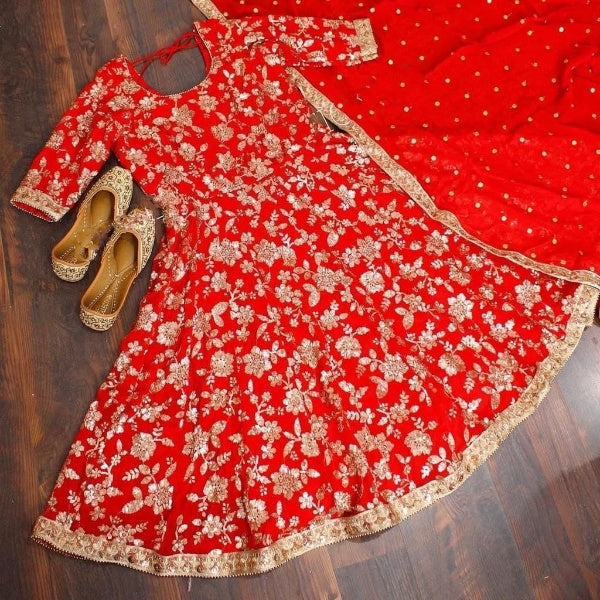 Red Salwar Suit In Fox Georgette With Sequence Embroidery Work