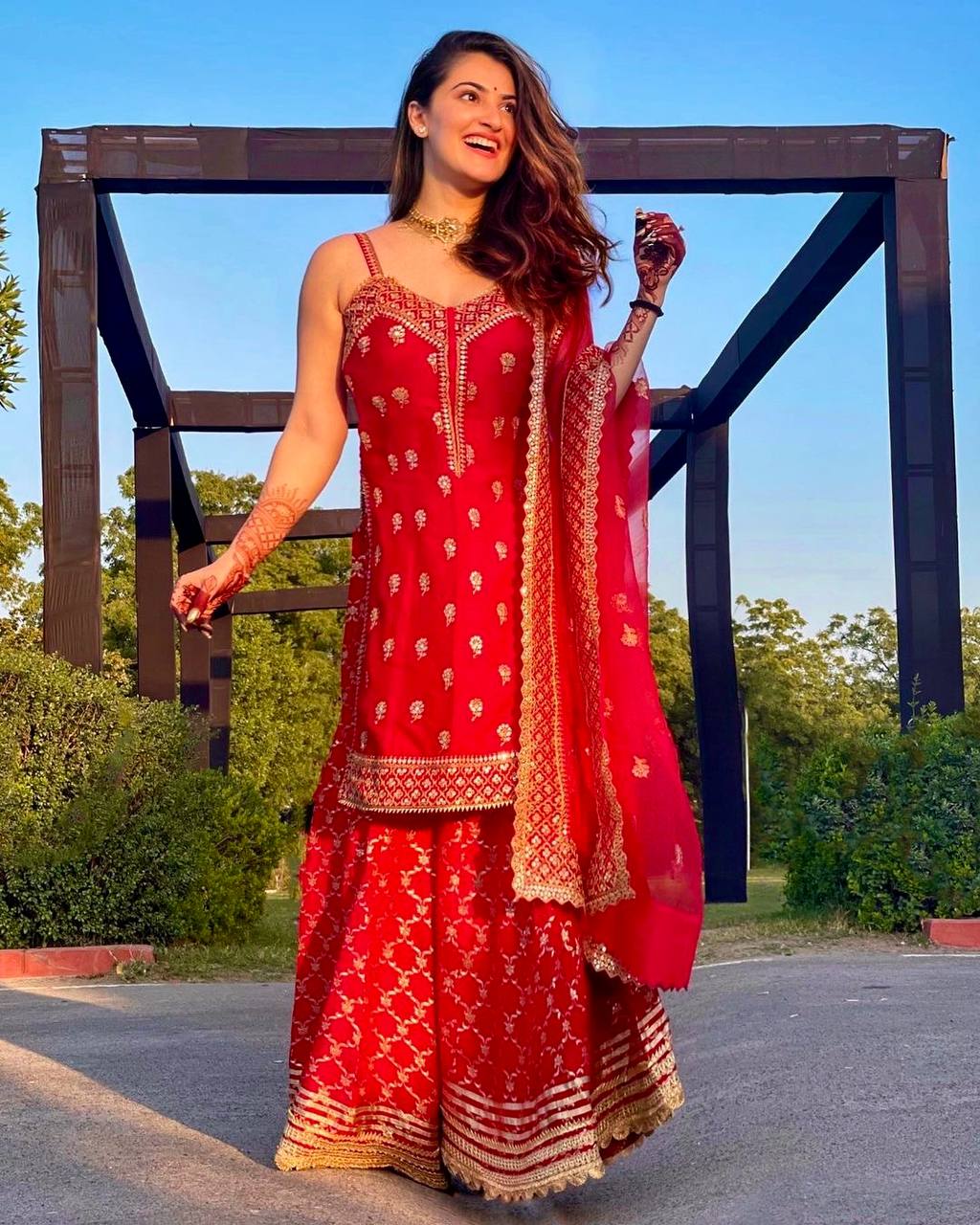 Red Sharara Suit In Fox Georgette With Sequence Work