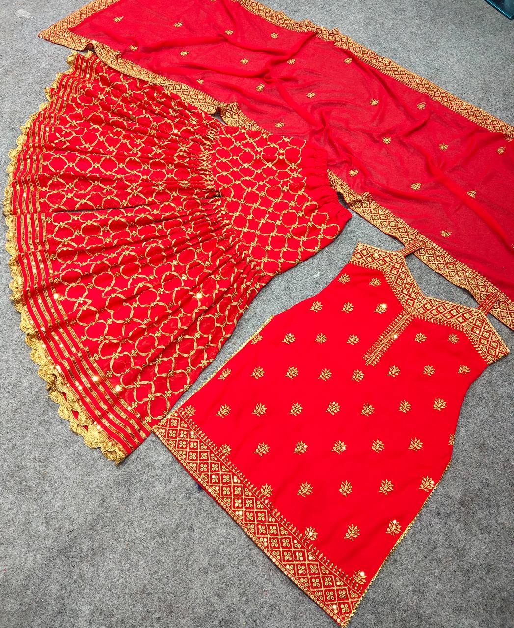 Red Sharara Suit In Fox Georgette With Sequence Work