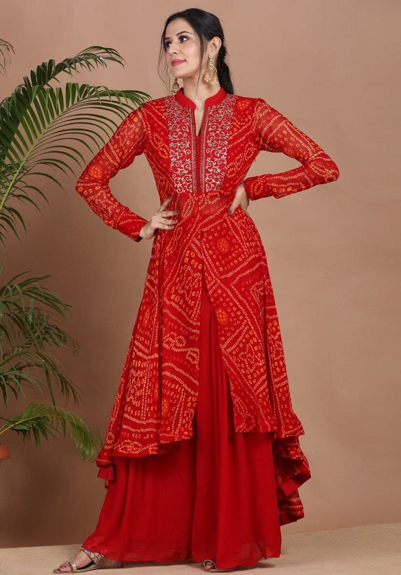 Red Sharara Suit In Fox Georgette With Thread Work