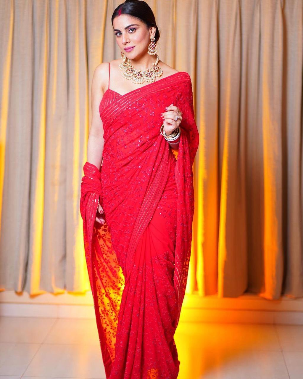 Red Saree In Fox Georgette With Tone to Tone Sequence Work